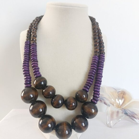 paparazzi Jewelry - Brown Purple Wooden Beads Necklace 2 Layers Boho Earth Tone Statement Like New